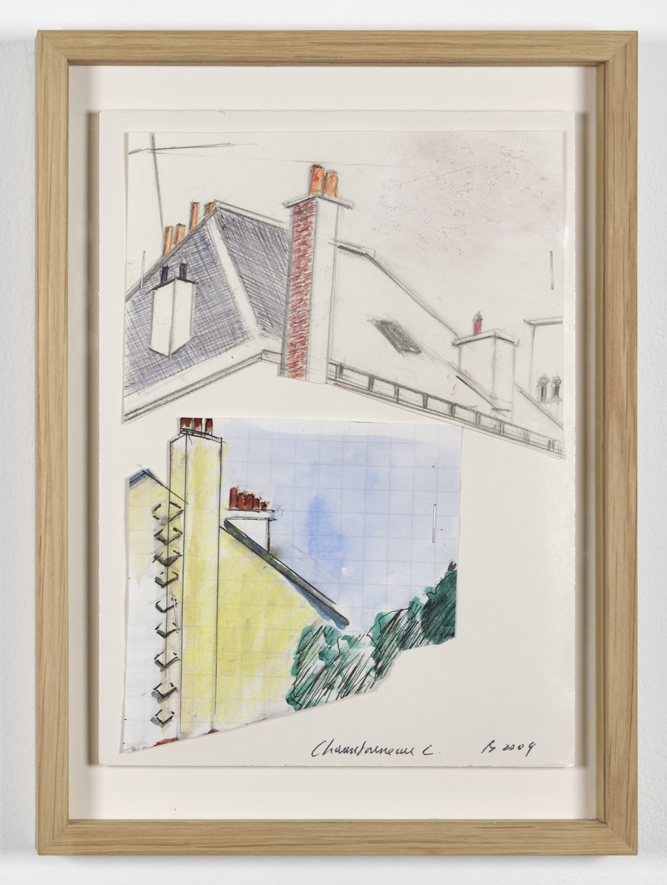 Pierre Buraglio Charentonneau C 2009_graphite, stylo à bille, aquarelle, agrafage_22 x 16 cm